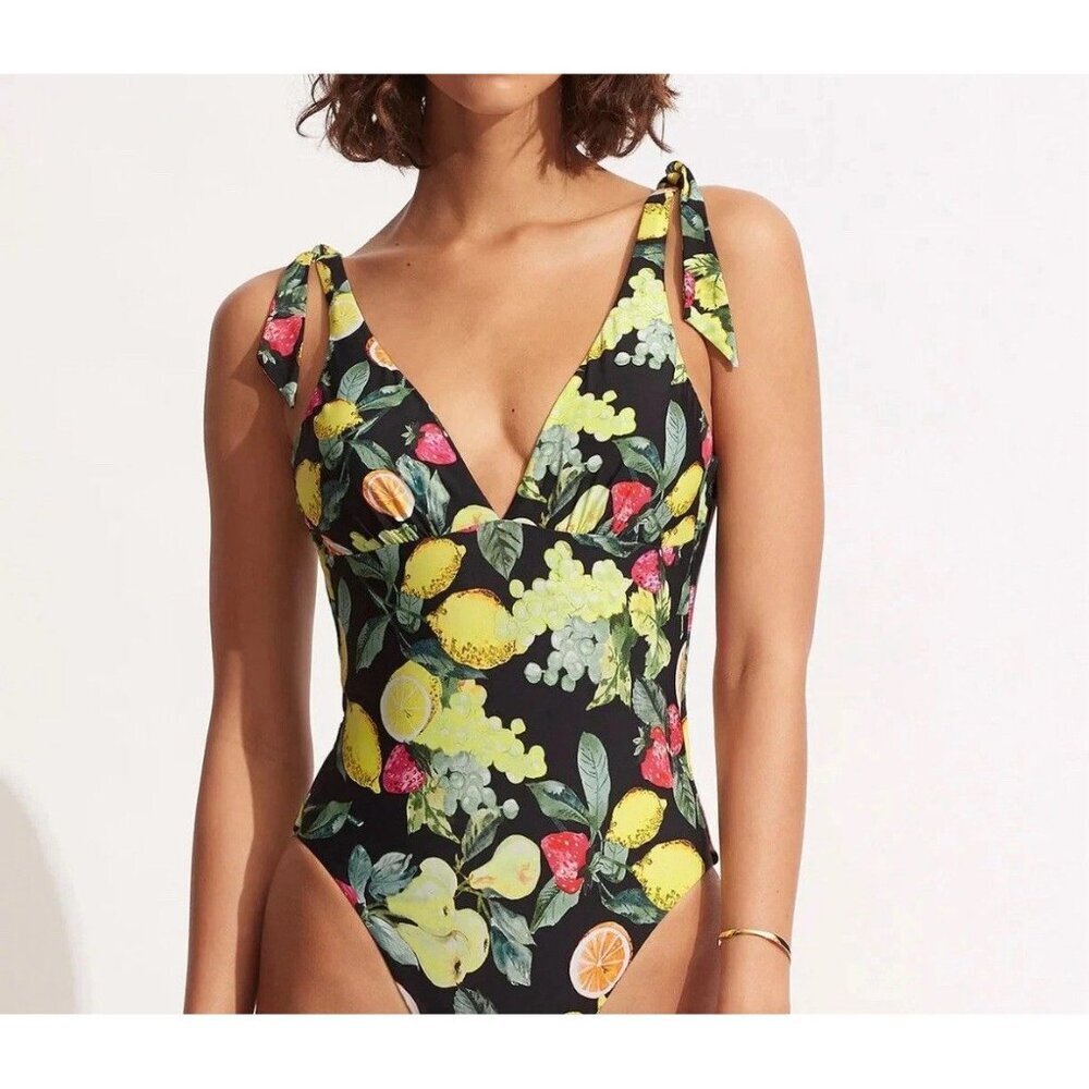 NWOT Seafolly Swimsuit Size 14 Lemoncello V-Neck Black Fruit One-Piece L50813 - Picture 2 of 11